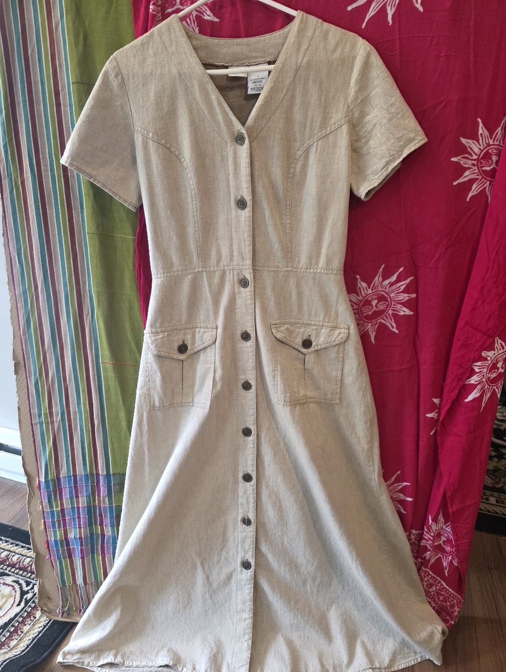 Vintage Button-Front Sand Linen Blend Dress - Women's Neutral